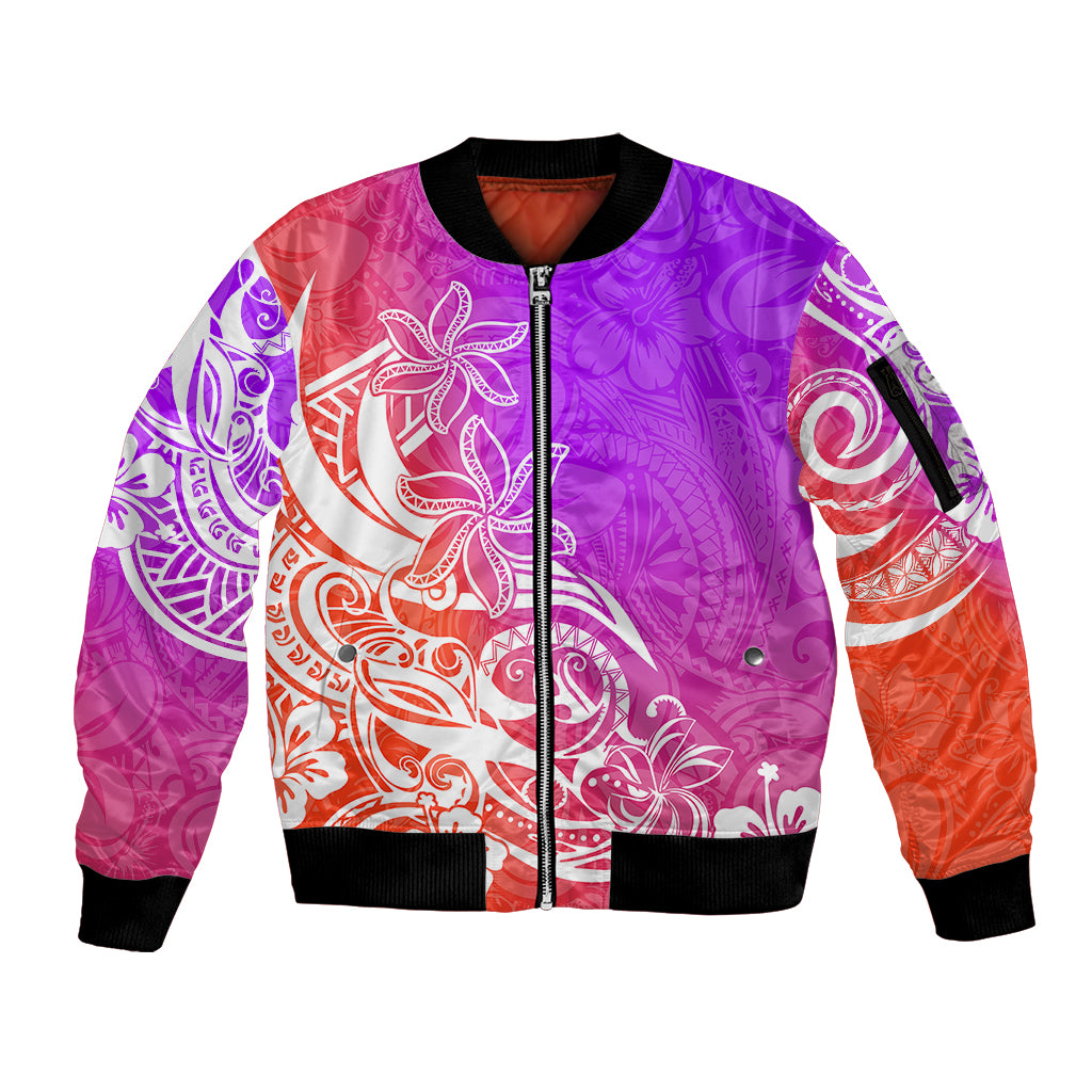 Polynesian Sunset Plumeria Sleeve Zip Bomber Jacket Pacific Island Tribal Purple Style - Wonder Print Shop