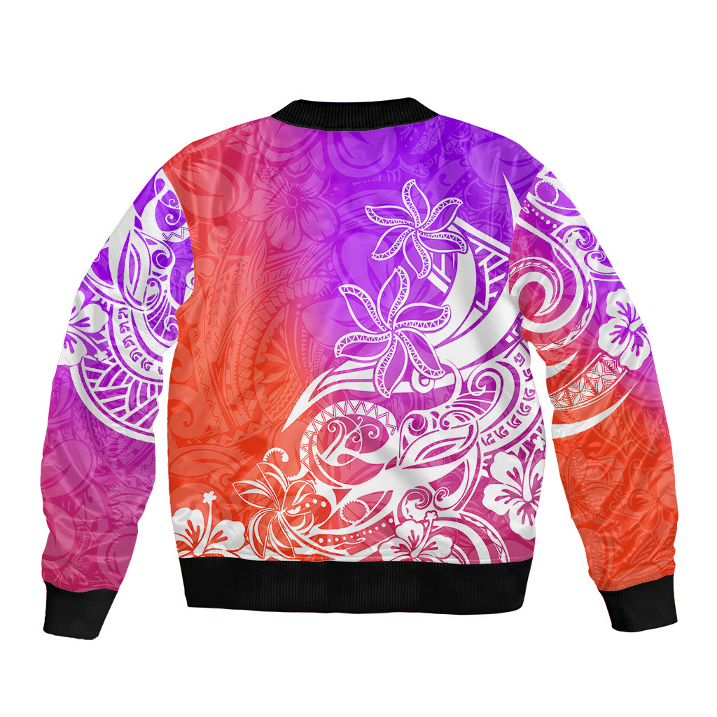 Polynesian Sunset Plumeria Sleeve Zip Bomber Jacket Pacific Island Tribal Purple Style - Wonder Print Shop