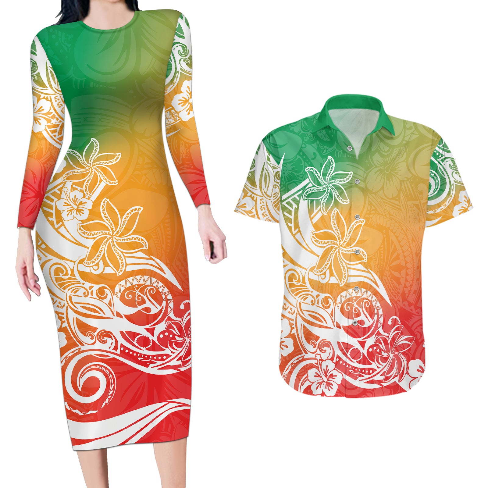 Polynesian Sunset Plumeria Couples Matching Long Sleeve Bodycon Dress and Hawaiian Shirt Pacific Island Tribal Reggae Style LT9 - Wonder Print Shop