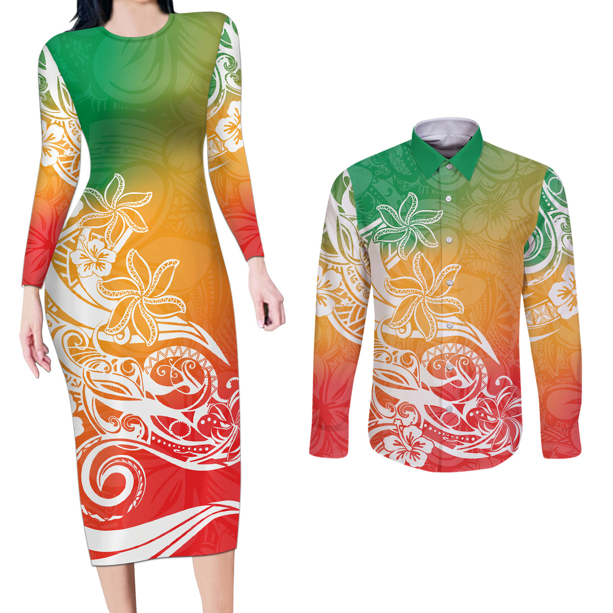 Polynesian Sunset Plumeria Couples Matching Long Sleeve Bodycon Dress and Long Sleeve Button Shirts Pacific Island Tribal Reggae Style LT9 - Wonder Print Shop