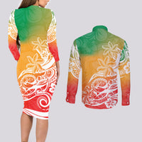 Polynesian Sunset Plumeria Couples Matching Long Sleeve Bodycon Dress and Long Sleeve Button Shirts Pacific Island Tribal Reggae Style LT9 - Wonder Print Shop