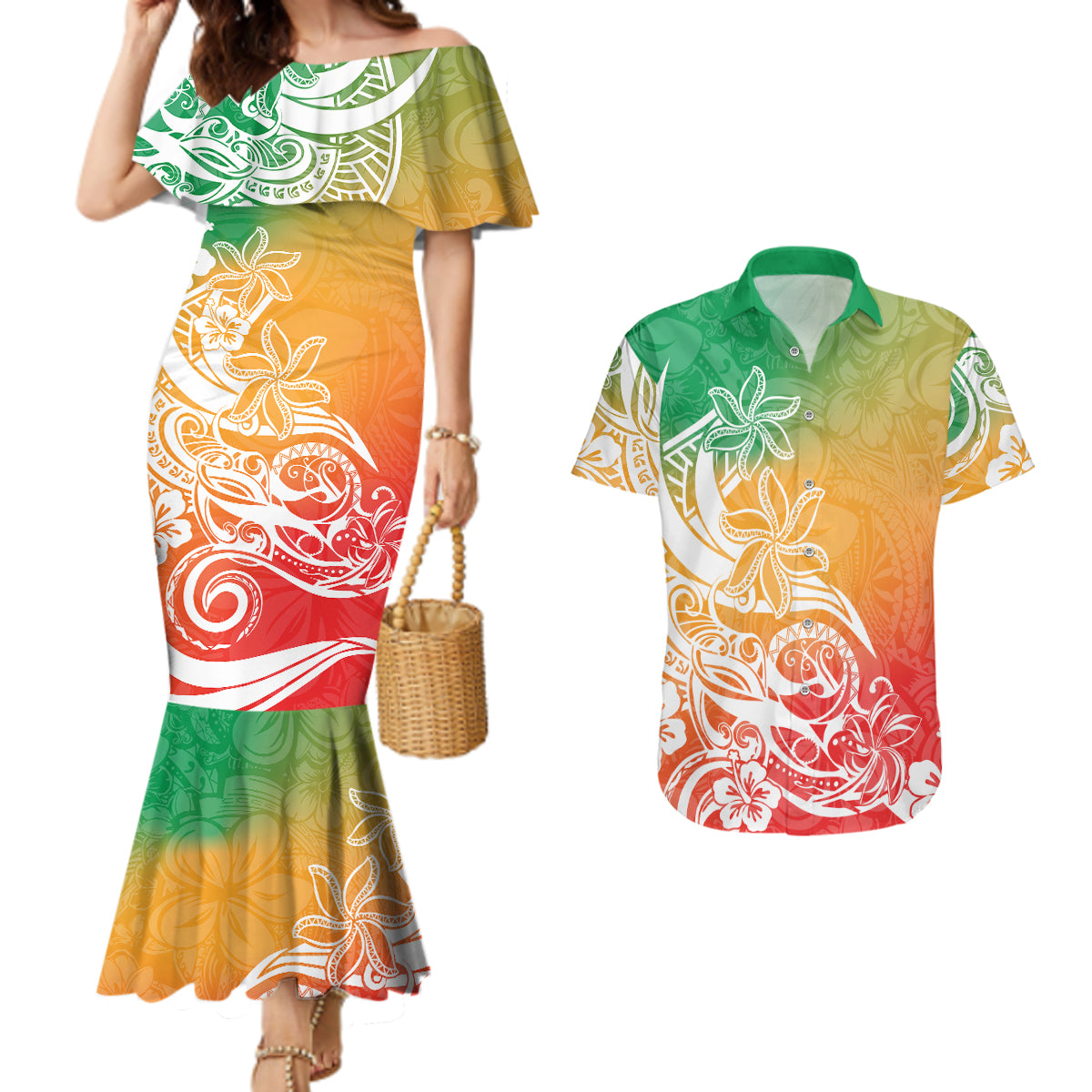 Polynesian Sunset Plumeria Couples Matching Mermaid Dress and Hawaiian Shirt Pacific Island Tribal Reggae Style LT9 - Wonder Print Shop