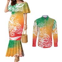 polynesian-sunset-plumeria-couples-matching-mermaid-dress-and-long-sleeve-button-shirts-pacific-island-tribal-reggae-style