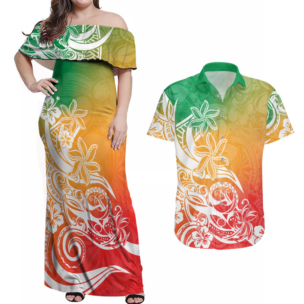 Polynesian Sunset Plumeria Couples Matching Off Shoulder Maxi Dress and Hawaiian Shirt Pacific Island Tribal Reggae Style LT9 - Wonder Print Shop