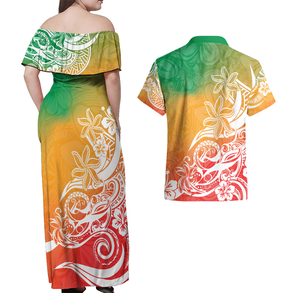 Polynesian Sunset Plumeria Couples Matching Off Shoulder Maxi Dress and Hawaiian Shirt Pacific Island Tribal Reggae Style LT9 - Wonder Print Shop