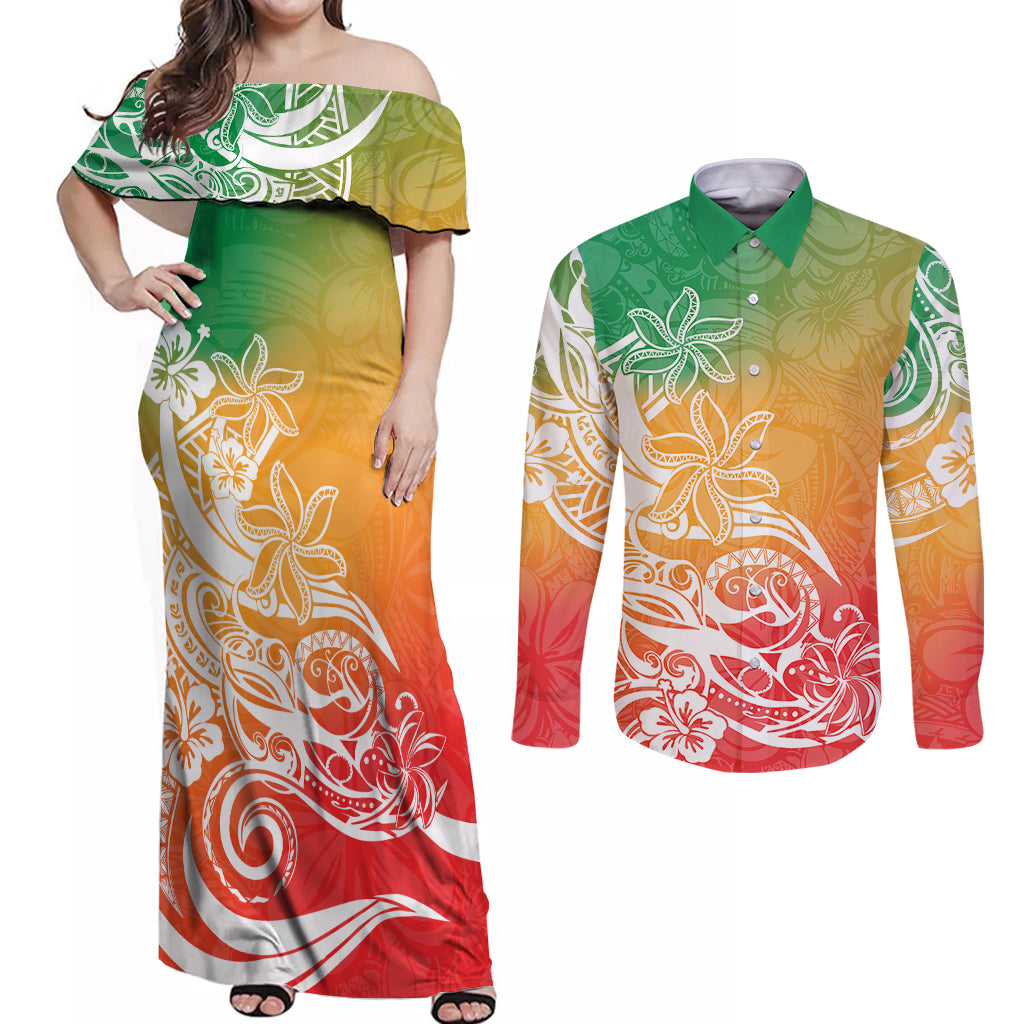Polynesian Sunset Plumeria Couples Matching Off Shoulder Maxi Dress and Long Sleeve Button Shirts Pacific Island Tribal Reggae Style LT9 - Wonder Print Shop