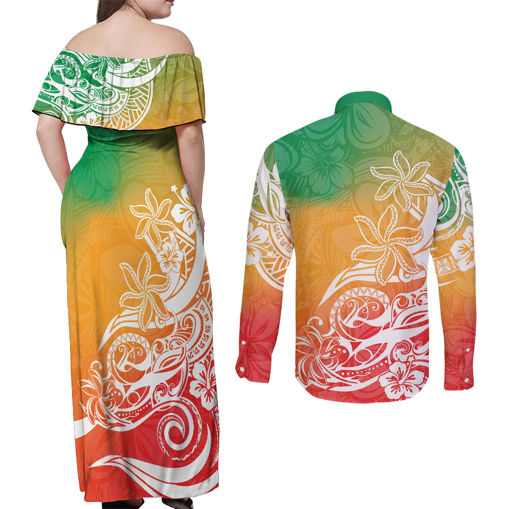 Polynesian Sunset Plumeria Couples Matching Off Shoulder Maxi Dress and Long Sleeve Button Shirts Pacific Island Tribal Reggae Style LT9 - Wonder Print Shop