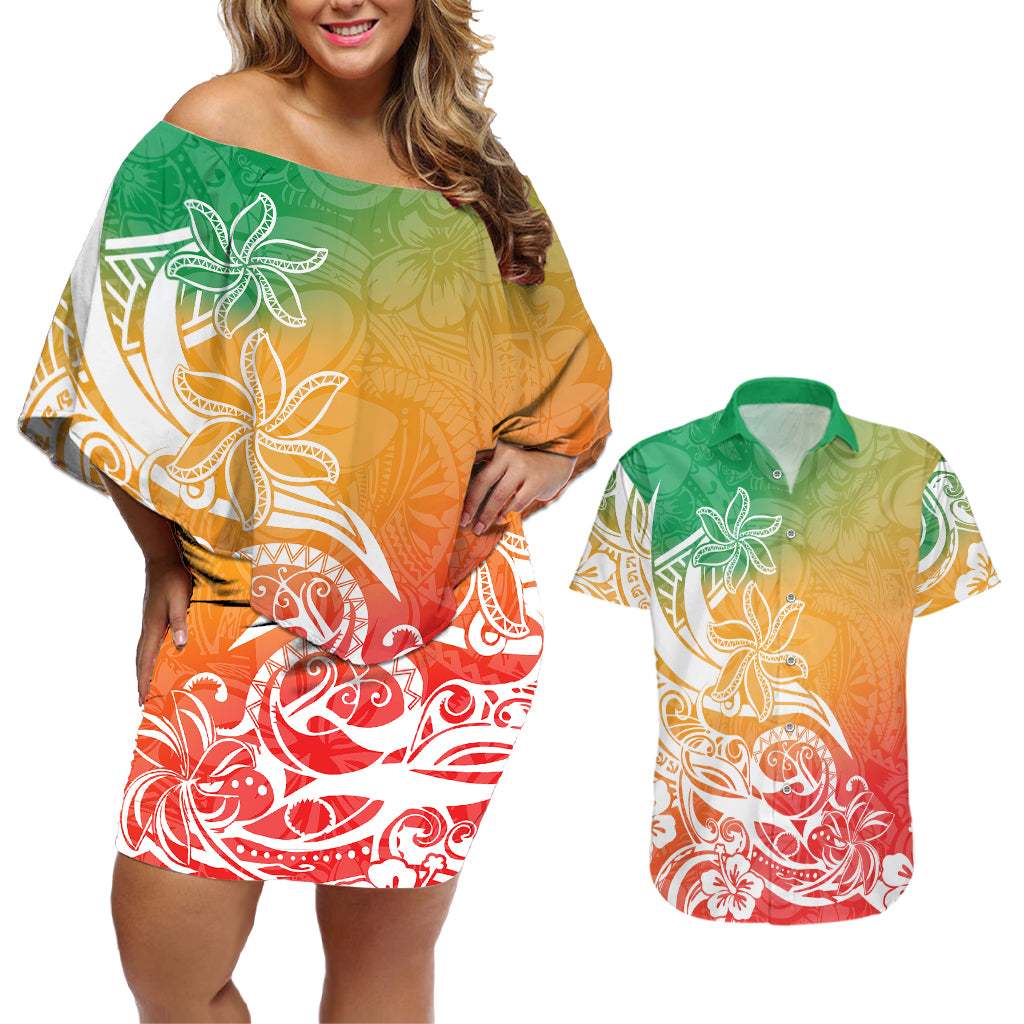 Polynesian Sunset Plumeria Couples Matching Off Shoulder Short Dress and Hawaiian Shirt Pacific Island Tribal Reggae Style LT9 - Wonder Print Shop