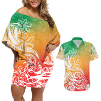 Polynesian Sunset Plumeria Couples Matching Off Shoulder Short Dress and Hawaiian Shirt Pacific Island Tribal Reggae Style LT9 - Wonder Print Shop