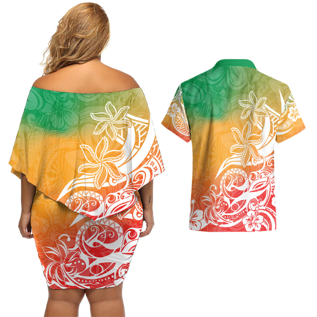 Polynesian Sunset Plumeria Couples Matching Off Shoulder Short Dress and Hawaiian Shirt Pacific Island Tribal Reggae Style LT9 - Wonder Print Shop