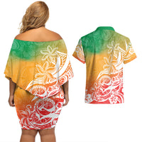 Polynesian Sunset Plumeria Couples Matching Off Shoulder Short Dress and Hawaiian Shirt Pacific Island Tribal Reggae Style LT9 - Wonder Print Shop