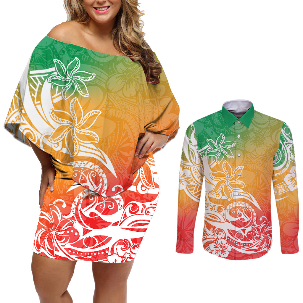 Polynesian Sunset Plumeria Couples Matching Off Shoulder Short Dress and Long Sleeve Button Shirts Pacific Island Tribal Reggae Style LT9 - Wonder Print Shop
