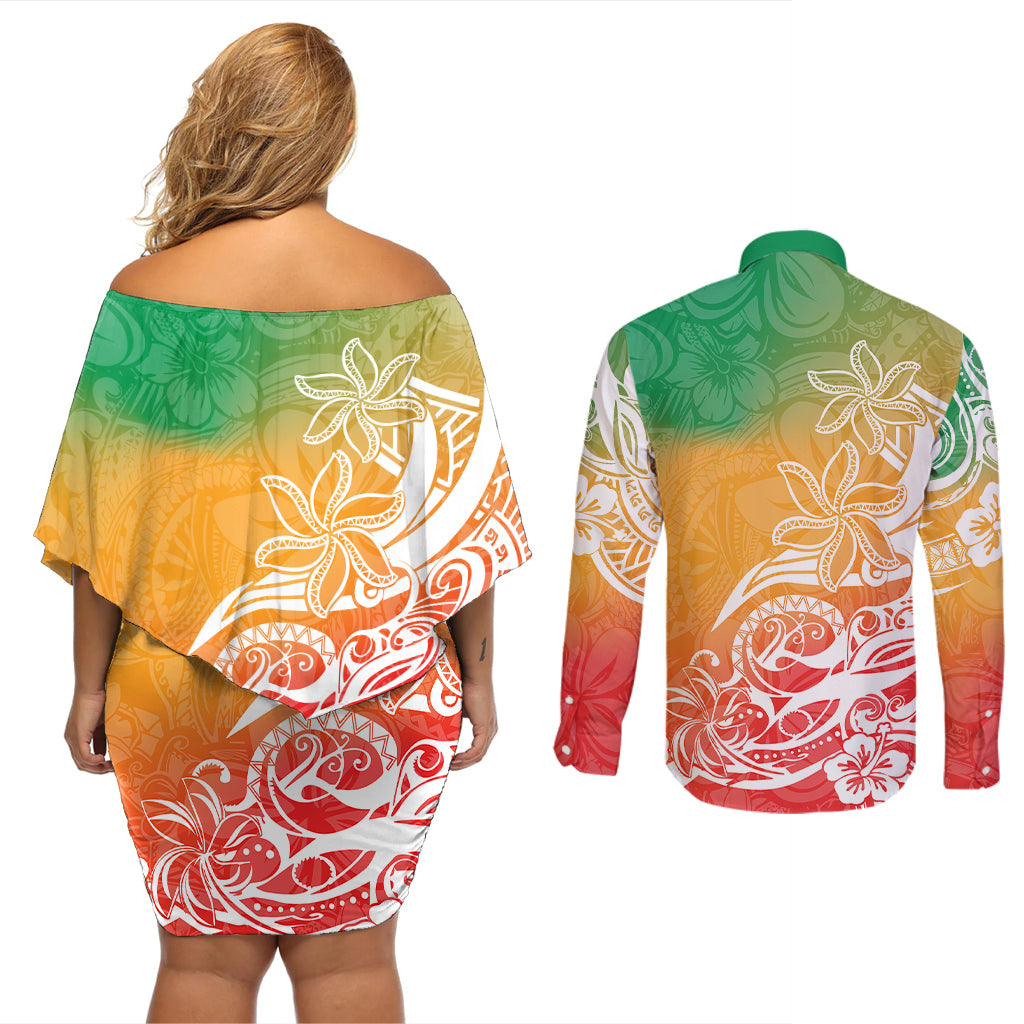Polynesian Sunset Plumeria Couples Matching Off Shoulder Short Dress and Long Sleeve Button Shirts Pacific Island Tribal Reggae Style LT9 - Wonder Print Shop