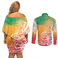 Polynesian Sunset Plumeria Couples Matching Off Shoulder Short Dress and Long Sleeve Button Shirts Pacific Island Tribal Reggae Style LT9 - Wonder Print Shop