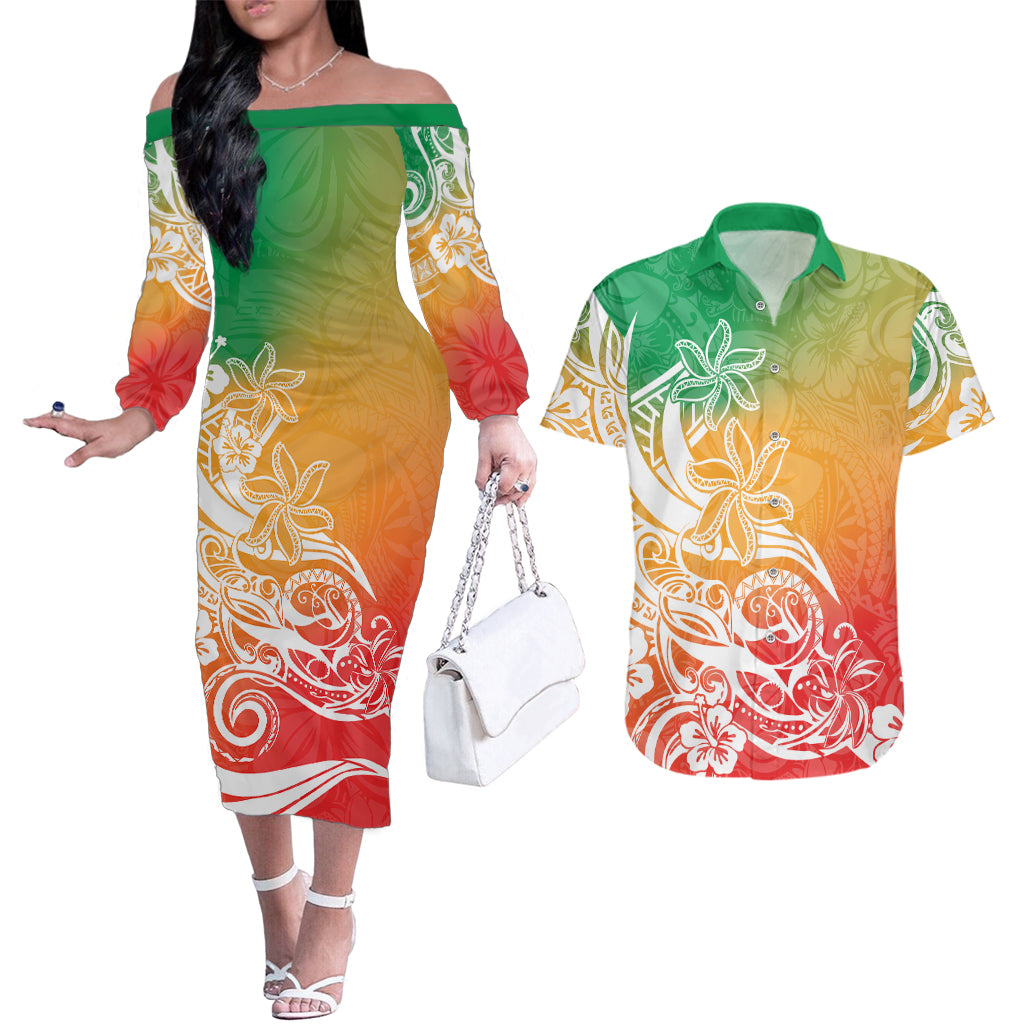 Polynesian Sunset Plumeria Couples Matching Off The Shoulder Long Sleeve Dress and Hawaiian Shirt Pacific Island Tribal Reggae Style LT9 - Wonder Print Shop