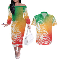 Polynesian Sunset Plumeria Couples Matching Off The Shoulder Long Sleeve Dress and Hawaiian Shirt Pacific Island Tribal Reggae Style LT9 - Wonder Print Shop