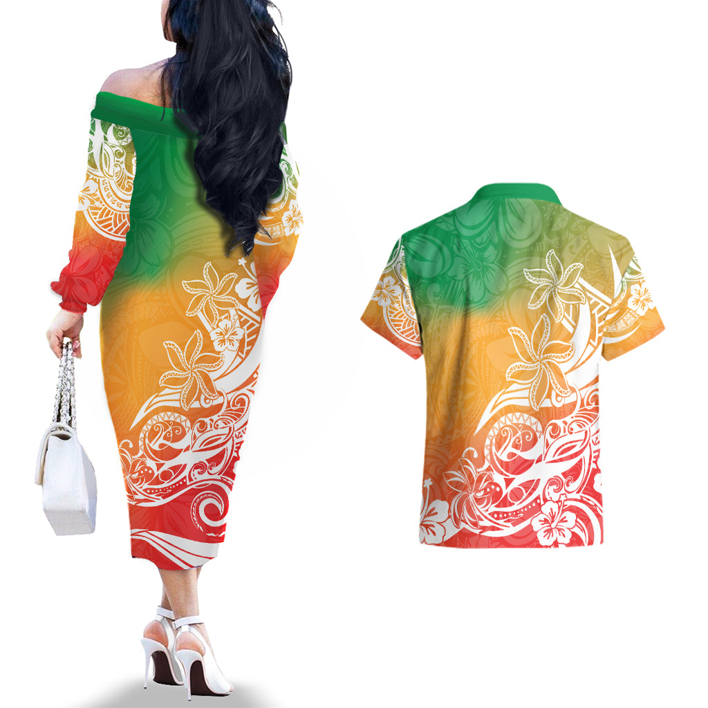 Polynesian Sunset Plumeria Couples Matching Off The Shoulder Long Sleeve Dress and Hawaiian Shirt Pacific Island Tribal Reggae Style LT9 - Wonder Print Shop