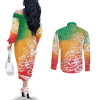 polynesian-sunset-plumeria-couples-matching-off-the-shoulder-long-sleeve-dress-and-long-sleeve-button-shirts-pacific-island-tribal-reggae-style