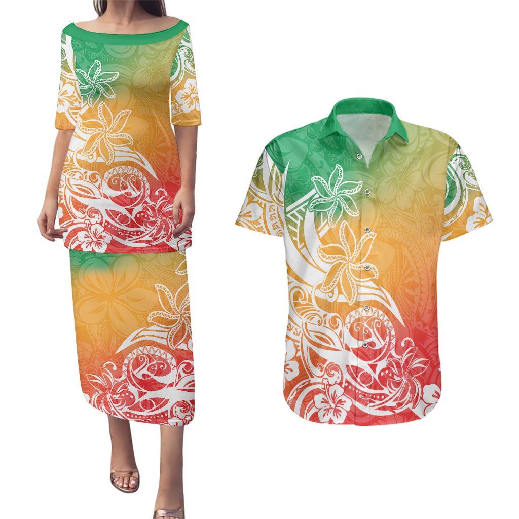 Polynesian Sunset Plumeria Couples Matching Puletasi Dress and Hawaiian Shirt Pacific Island Tribal Reggae Style LT9 - Wonder Print Shop