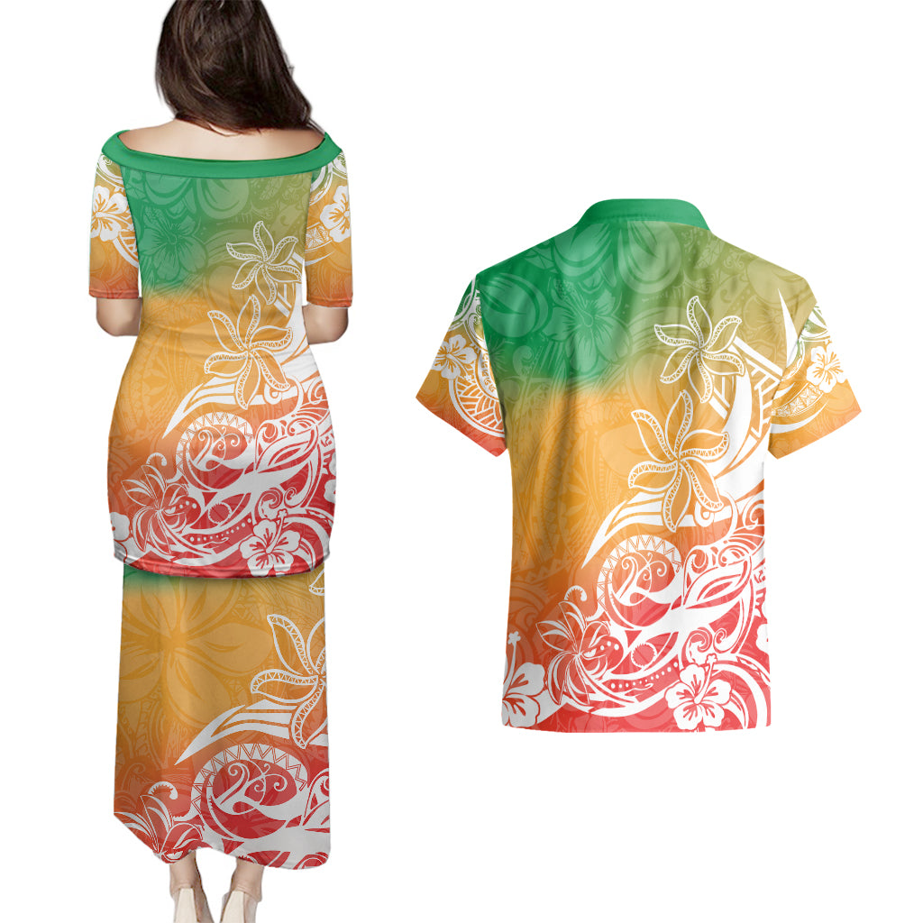 Polynesian Sunset Plumeria Couples Matching Puletasi Dress and Hawaiian Shirt Pacific Island Tribal Reggae Style LT9 - Wonder Print Shop