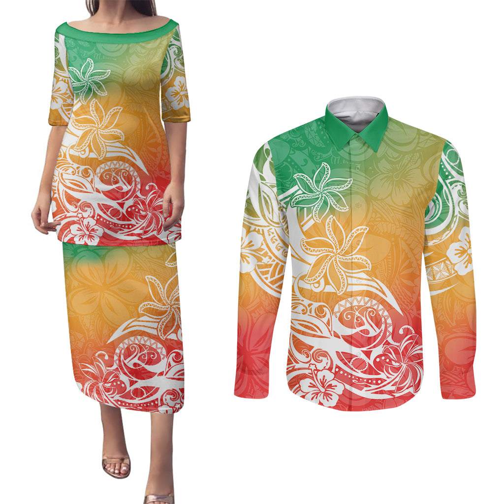Polynesian Sunset Plumeria Couples Matching Puletasi Dress and Long Sleeve Button Shirts Pacific Island Tribal Reggae Style LT9 - Wonder Print Shop