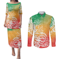 Polynesian Sunset Plumeria Couples Matching Puletasi Dress and Long Sleeve Button Shirts Pacific Island Tribal Reggae Style LT9 - Wonder Print Shop