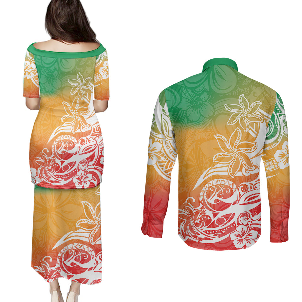 Polynesian Sunset Plumeria Couples Matching Puletasi Dress and Long Sleeve Button Shirts Pacific Island Tribal Reggae Style LT9 - Wonder Print Shop