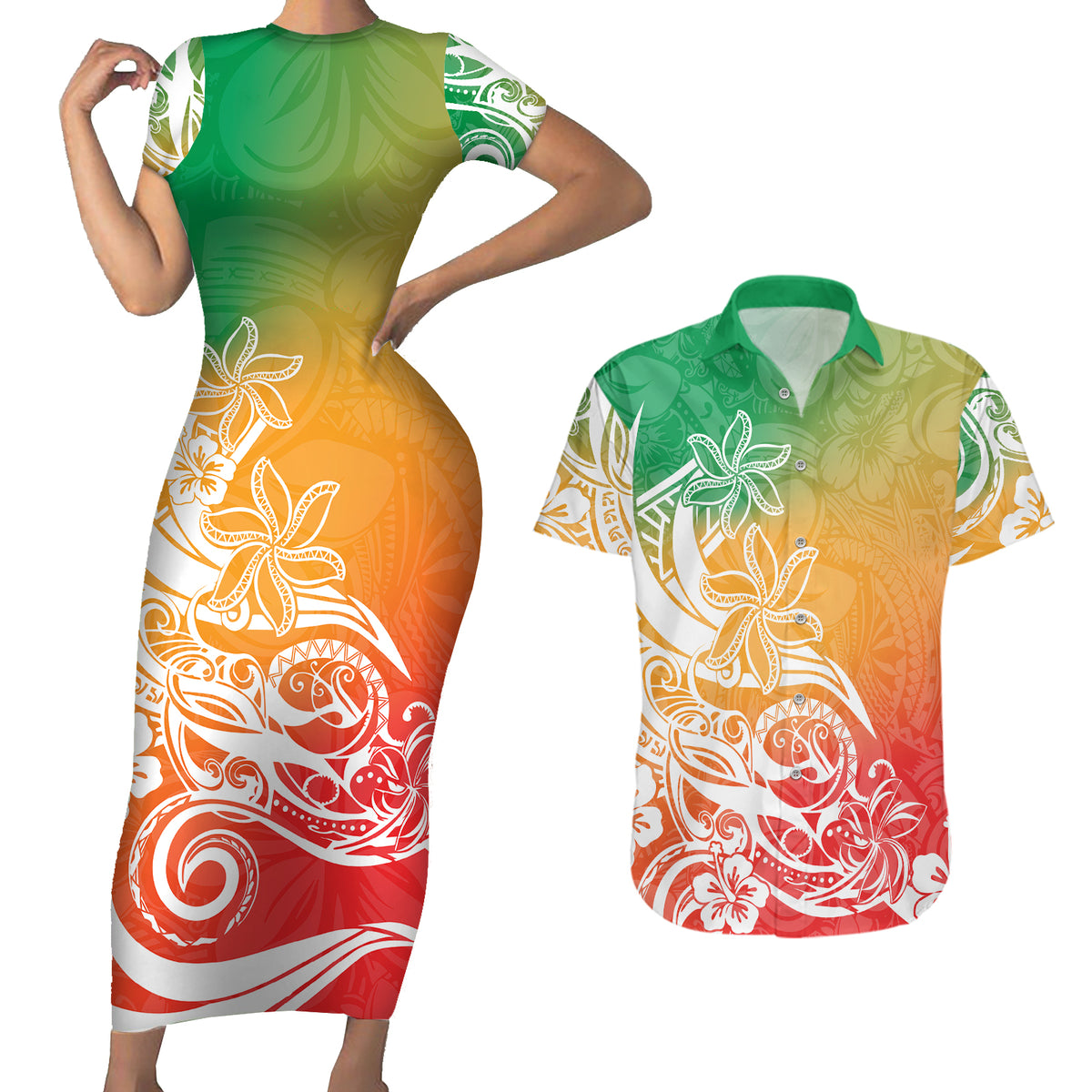 Polynesian Sunset Plumeria Couples Matching Short Sleeve Bodycon Dress and Hawaiian Shirt Pacific Island Tribal Reggae Style LT9 - Wonder Print Shop