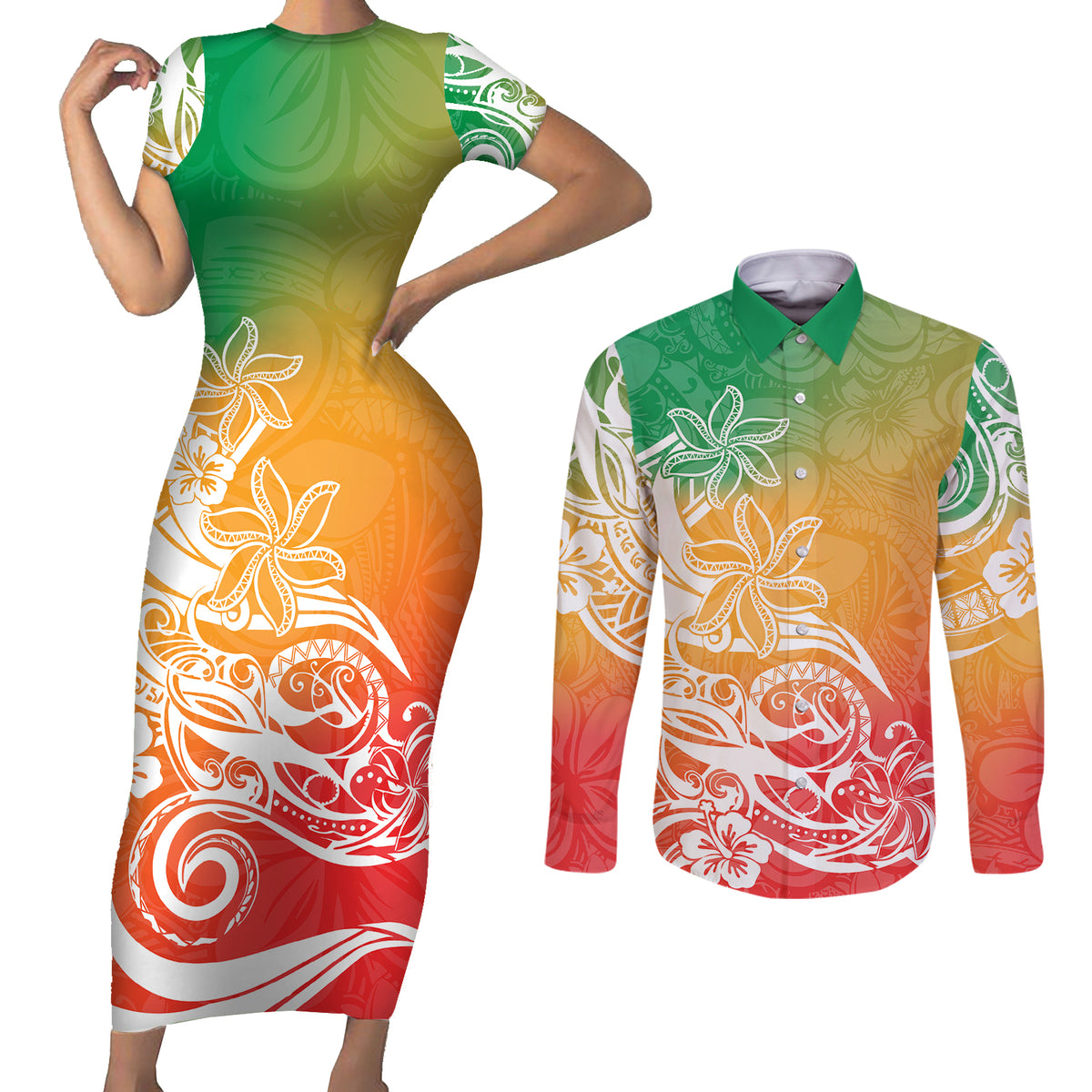 Polynesian Sunset Plumeria Couples Matching Short Sleeve Bodycon Dress and Long Sleeve Button Shirts Pacific Island Tribal Reggae Style LT9 - Wonder Print Shop