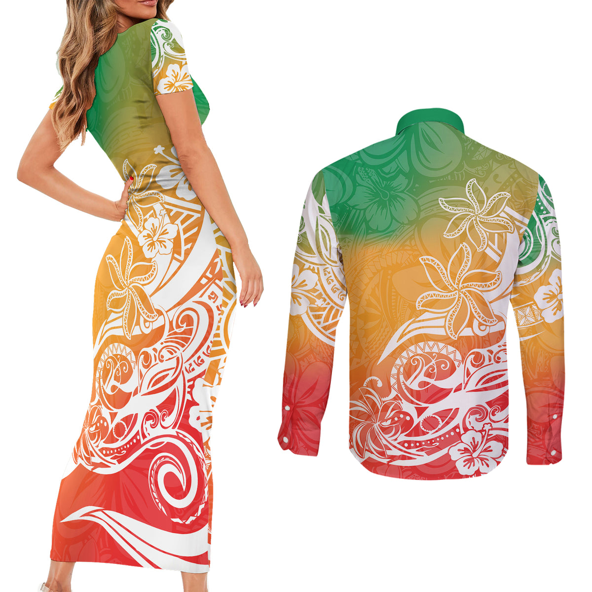 Polynesian Sunset Plumeria Couples Matching Short Sleeve Bodycon Dress and Long Sleeve Button Shirts Pacific Island Tribal Reggae Style LT9 - Wonder Print Shop