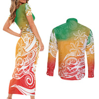 Polynesian Sunset Plumeria Couples Matching Short Sleeve Bodycon Dress and Long Sleeve Button Shirts Pacific Island Tribal Reggae Style LT9 - Wonder Print Shop