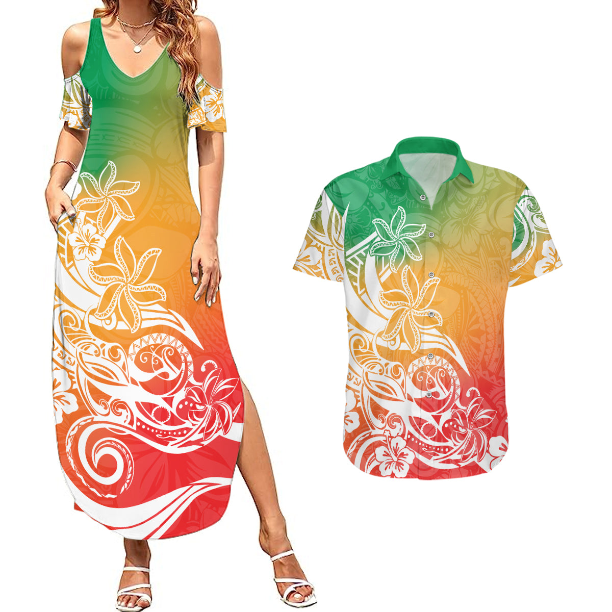 Polynesian Sunset Plumeria Couples Matching Summer Maxi Dress and Hawaiian Shirt Pacific Island Tribal Reggae Style LT9 - Wonder Print Shop