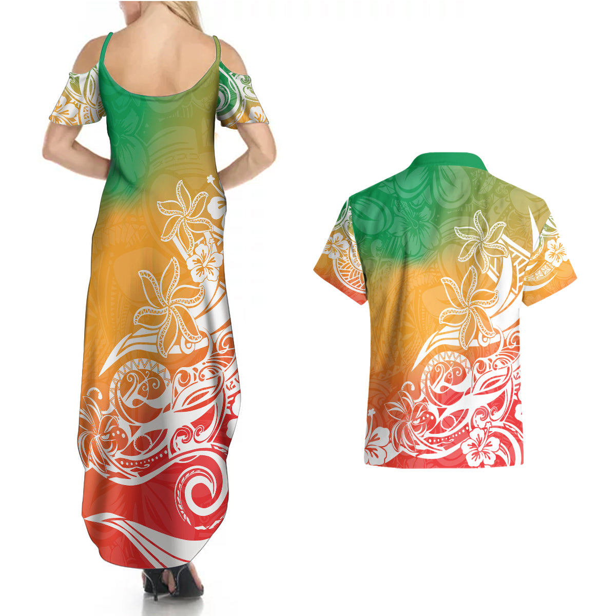 Polynesian Sunset Plumeria Couples Matching Summer Maxi Dress and Hawaiian Shirt Pacific Island Tribal Reggae Style LT9 - Wonder Print Shop