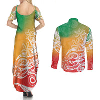 Polynesian Sunset Plumeria Couples Matching Summer Maxi Dress and Long Sleeve Button Shirts Pacific Island Tribal Reggae Style LT9 - Wonder Print Shop