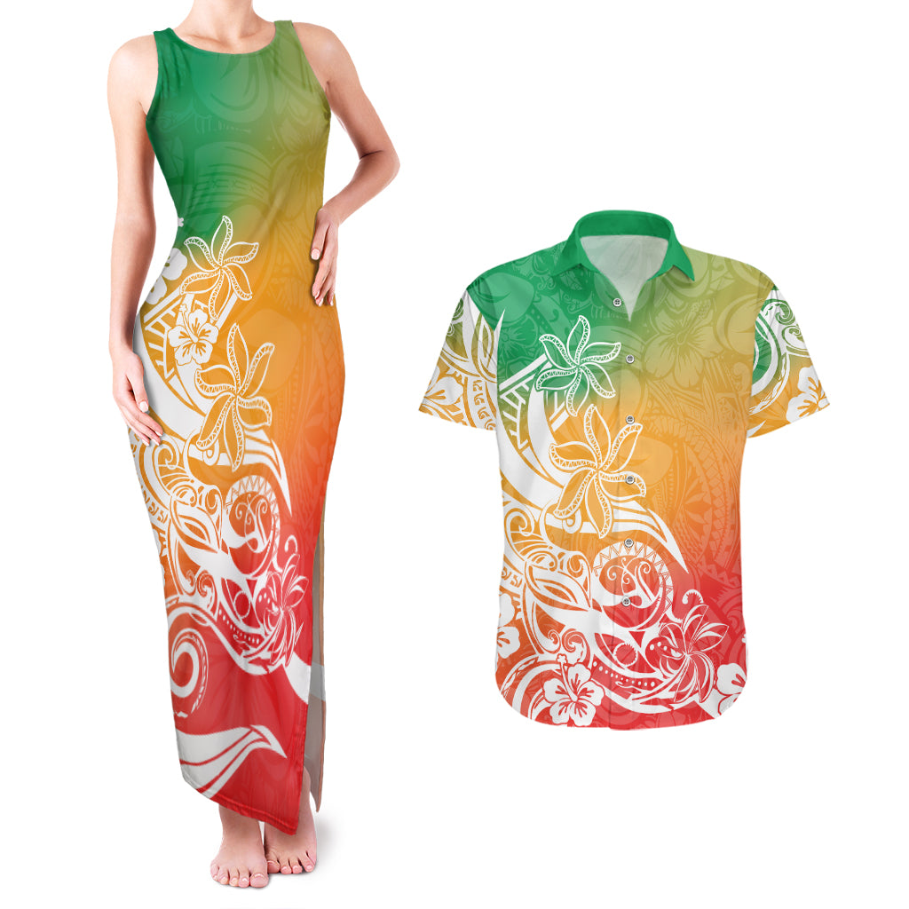 Polynesian Sunset Plumeria Couples Matching Tank Maxi Dress and Hawaiian Shirt Pacific Island Tribal Reggae Style LT9 - Wonder Print Shop