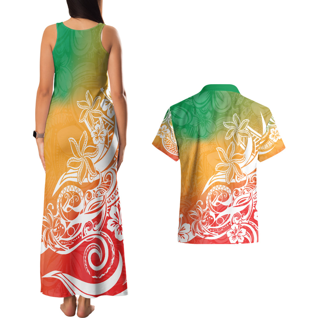 Polynesian Sunset Plumeria Couples Matching Tank Maxi Dress and Hawaiian Shirt Pacific Island Tribal Reggae Style LT9 - Wonder Print Shop