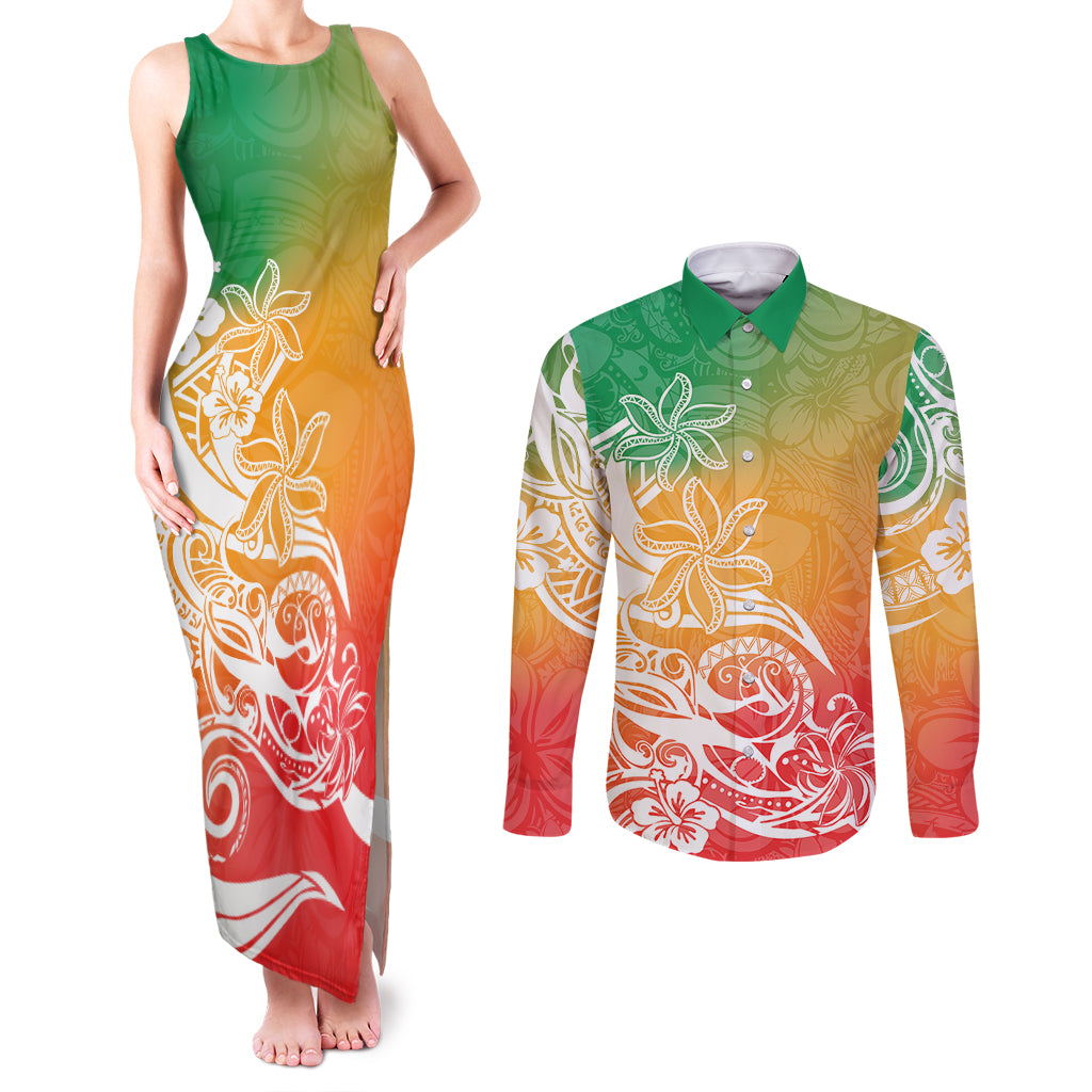 Polynesian Sunset Plumeria Couples Matching Tank Maxi Dress and Long Sleeve Button Shirts Pacific Island Tribal Reggae Style LT9 - Wonder Print Shop