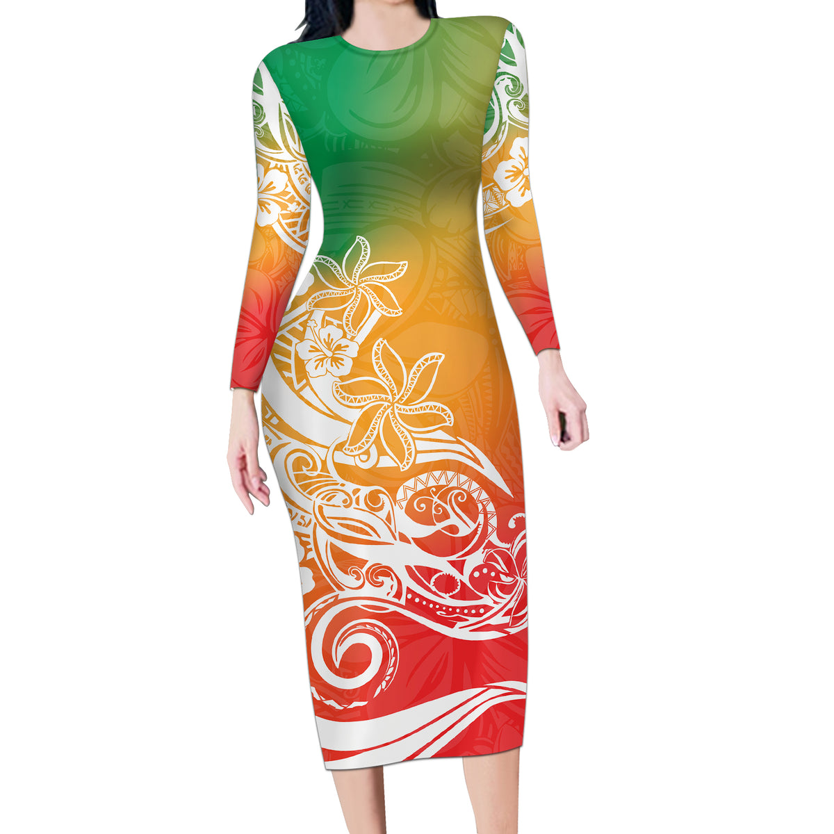 Polynesian Sunset Plumeria Long Sleeve Bodycon Dress Pacific Island Tribal Reggae Style - Wonder Print Shop