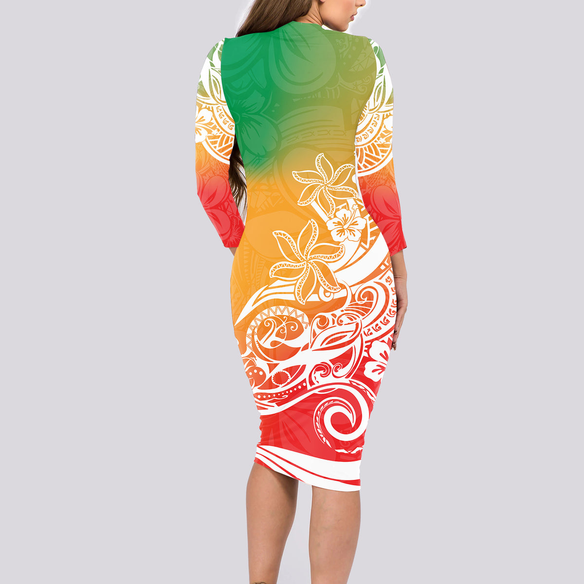Polynesian Sunset Plumeria Long Sleeve Bodycon Dress Pacific Island Tribal Reggae Style - Wonder Print Shop