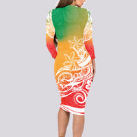 Polynesian Sunset Plumeria Long Sleeve Bodycon Dress Pacific Island Tribal Reggae Style - Wonder Print Shop