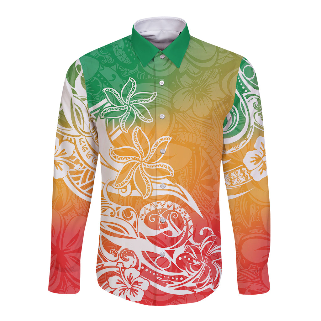 Polynesian Sunset Plumeria Long Sleeve Button Shirt Pacific Island Tribal Reggae Style - Wonder Print Shop