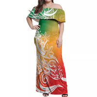 Polynesian Sunset Plumeria Off Shoulder Maxi Dress Pacific Island Tribal Reggae Style - Wonder Print Shop