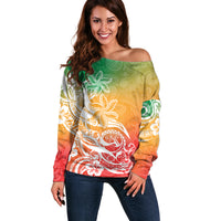 Polynesian Sunset Plumeria Off Shoulder Sweater Pacific Island Tribal Reggae Style - Wonder Print Shop