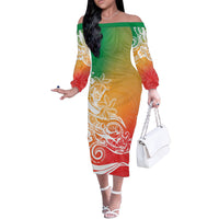 Polynesian Sunset Plumeria Off The Shoulder Long Sleeve Dress Pacific Island Tribal Reggae Style - Wonder Print Shop