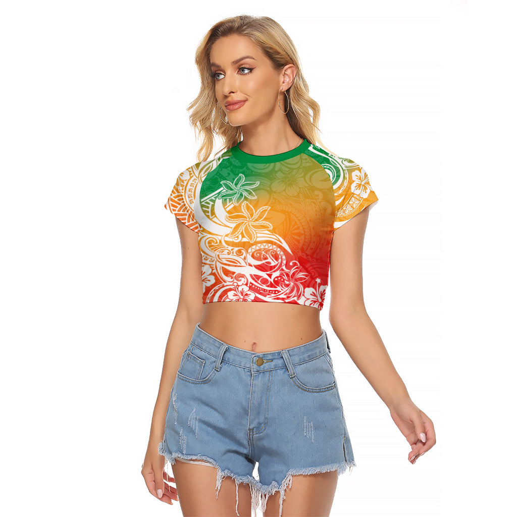 Polynesian Sunset Plumeria Raglan Cropped T Shirt Pacific Island Tribal Reggae Style - Wonder Print Shop