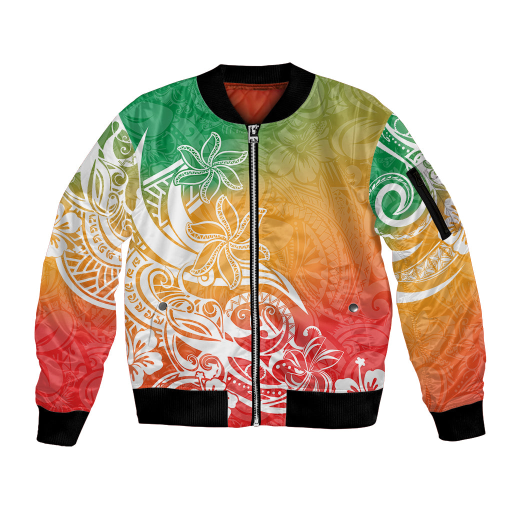 Polynesian Sunset Plumeria Sleeve Zip Bomber Jacket Pacific Island Tribal Reggae Style - Wonder Print Shop
