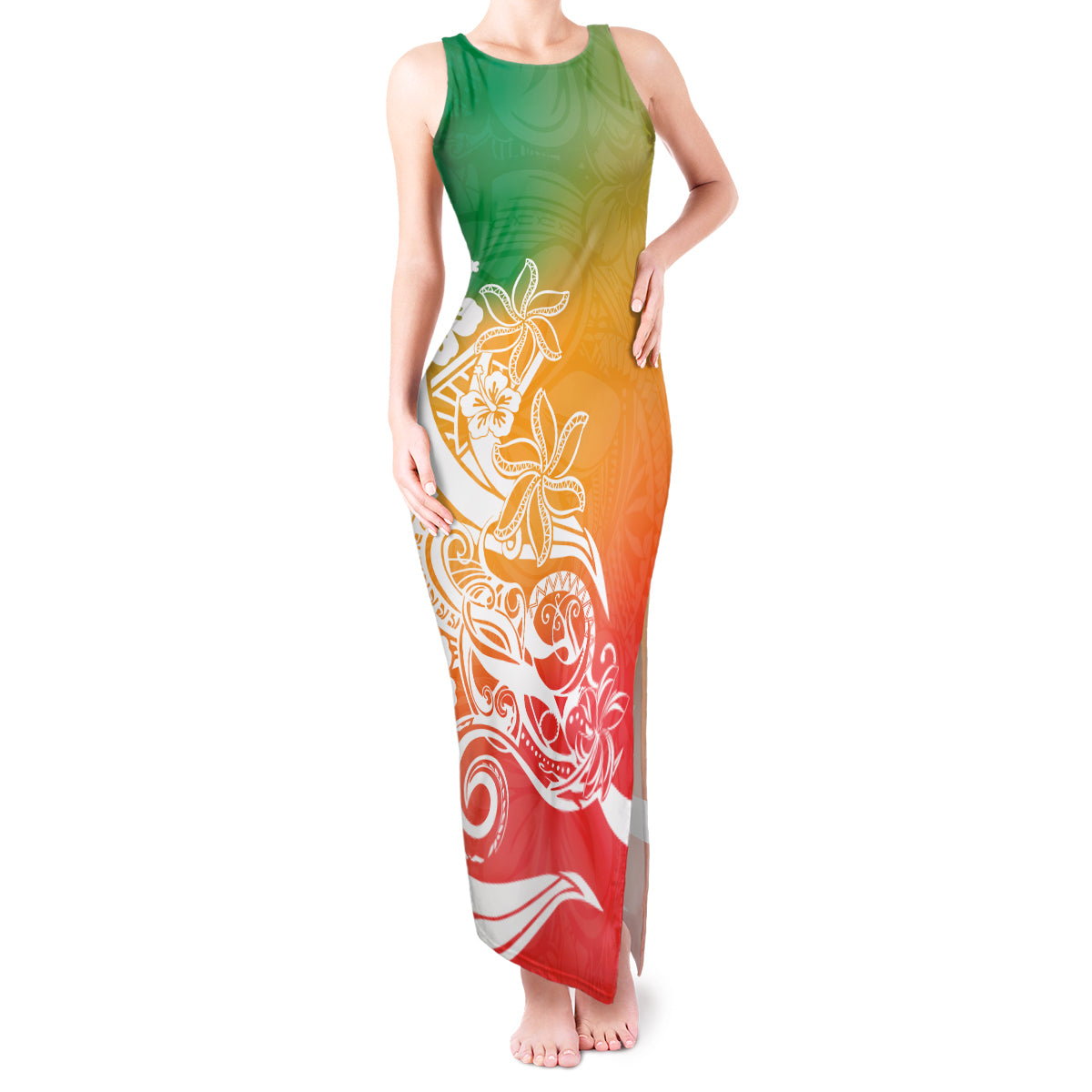 Polynesian Sunset Plumeria Tank Maxi Dress Pacific Island Tribal Reggae Style - Wonder Print Shop