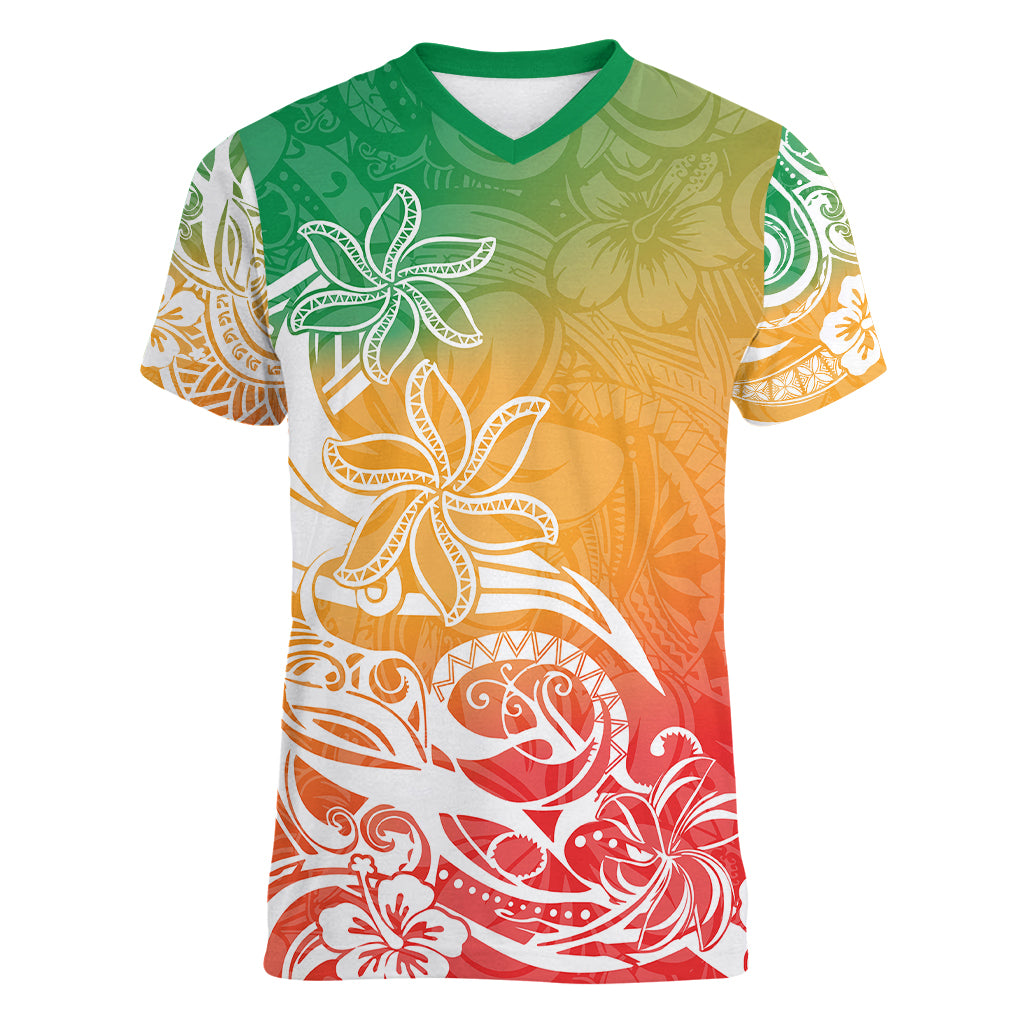 Polynesian Sunset Plumeria Women V Neck T Shirt Pacific Island Tribal Reggae Style - Wonder Print Shop