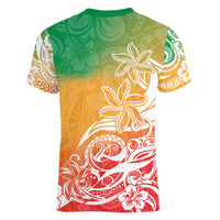 Polynesian Sunset Plumeria Women V Neck T Shirt Pacific Island Tribal Reggae Style - Wonder Print Shop