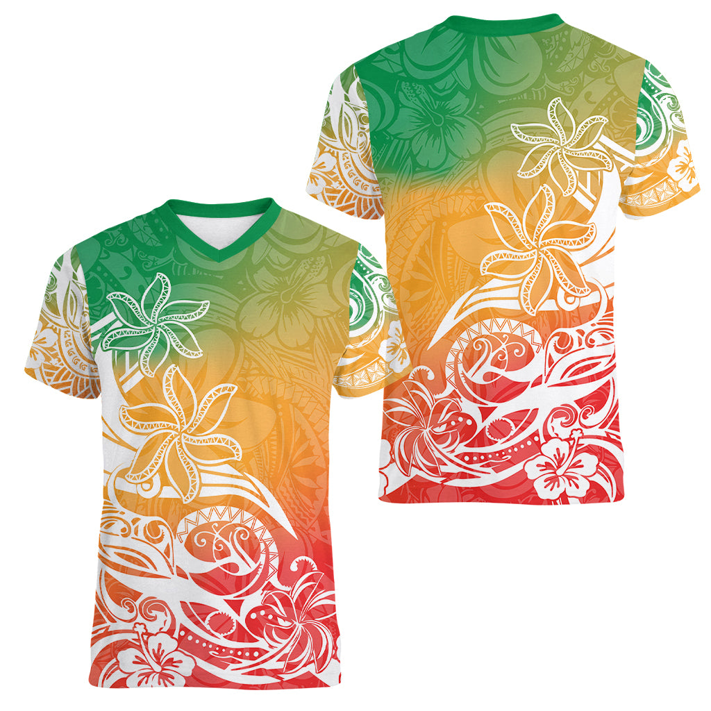 Polynesian Sunset Plumeria Women V Neck T Shirt Pacific Island Tribal Reggae Style - Wonder Print Shop